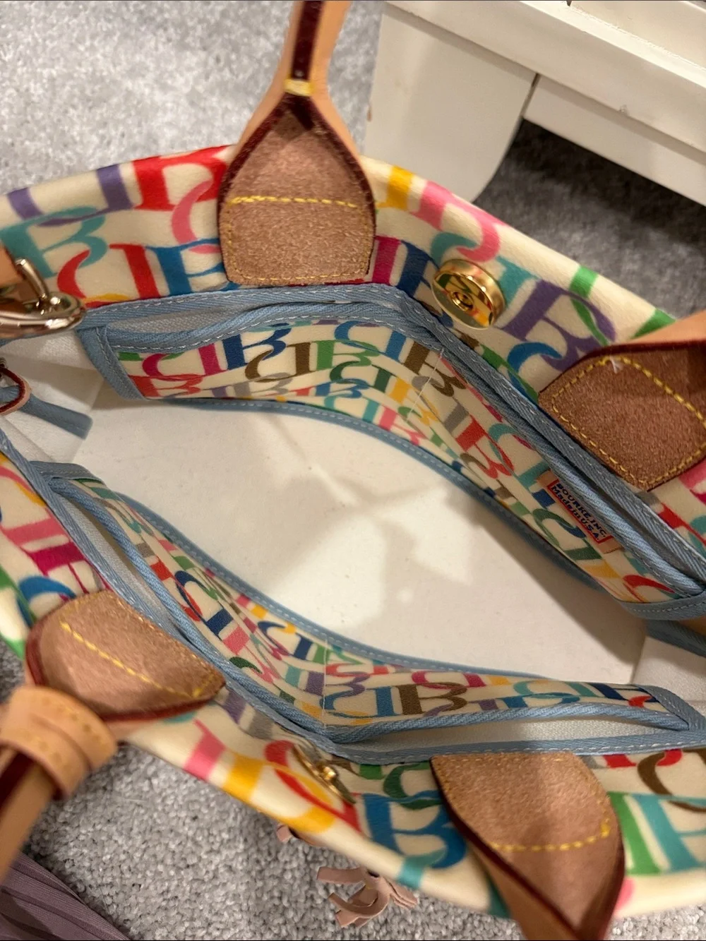 Dooney & Bourke Multicolor Signature Logo Satchel with Tan Leather Trim